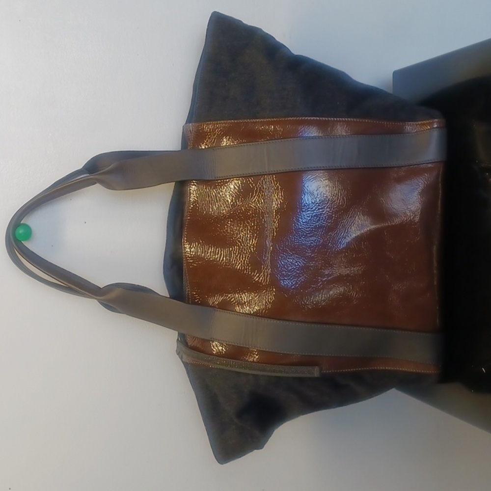 Brunello Cucinelli large wool and patent leather tote bag.